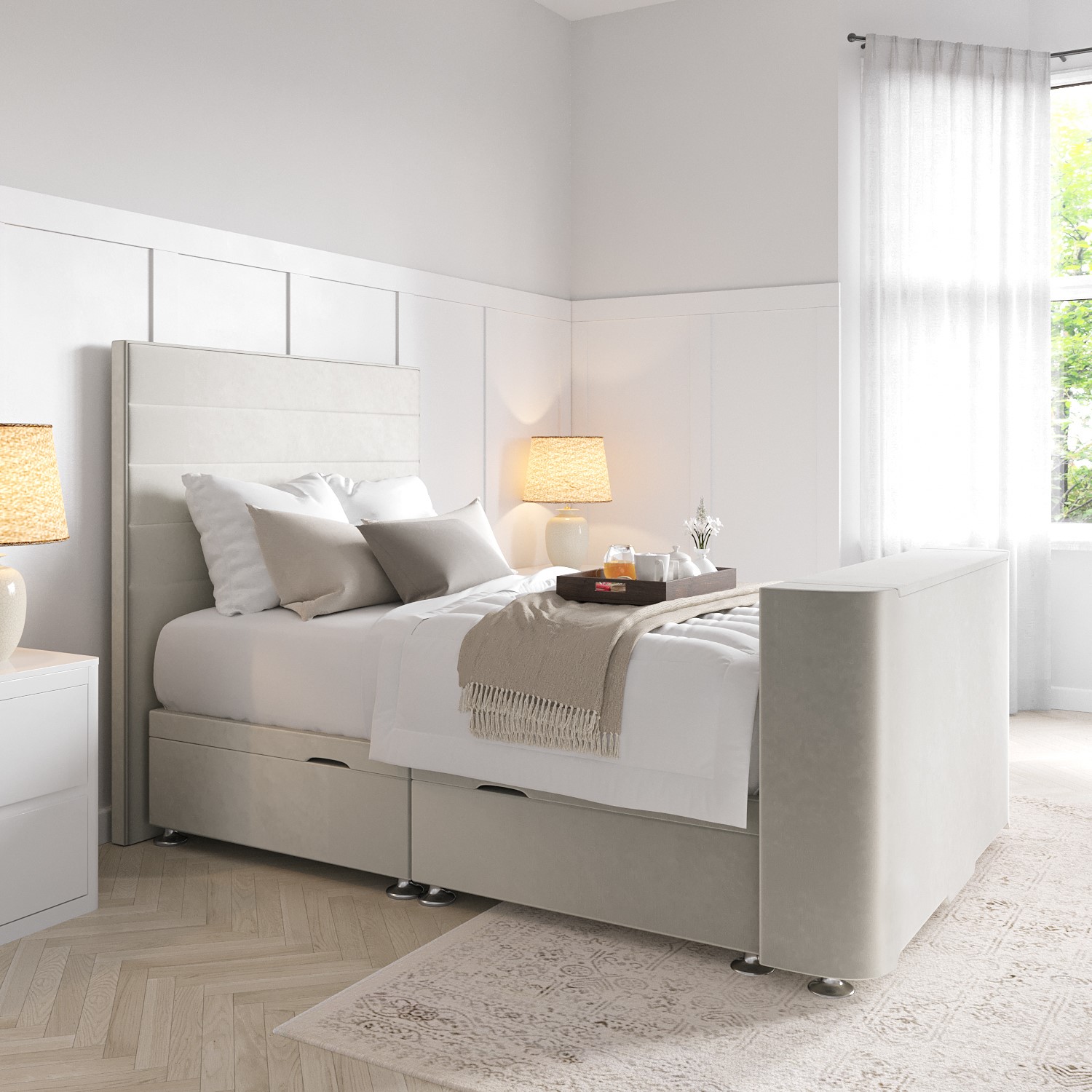 Read more about Super king tv ottoman bed in cream velvet with stripe headboard eden